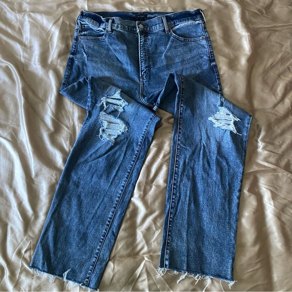 Express Modern Straight Super High Rise Size 16L Medium-Wash Jeans Distressed, D - Picture 2 of 8